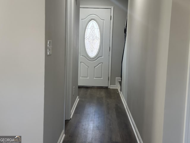 doorway with dark wood-type flooring