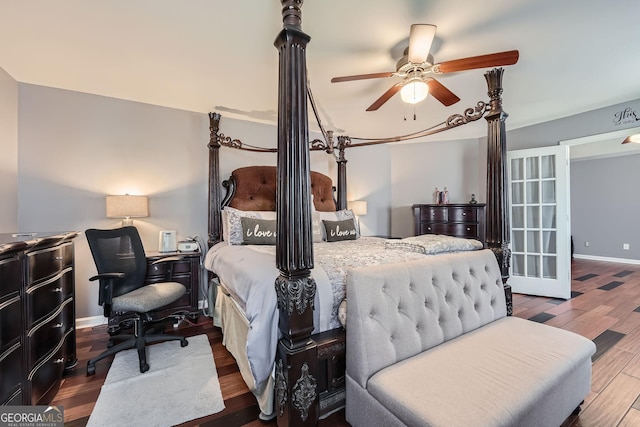 bedroom featuring hardwood / wood-style floors and ceiling fan