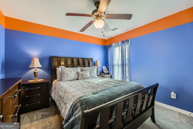 carpeted bedroom featuring ceiling fan