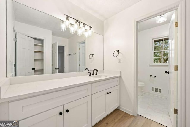 bathroom featuring vanity, toilet, and wood-type flooring