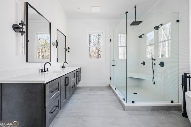 bathroom featuring a shower with door, crown molding, and vanity