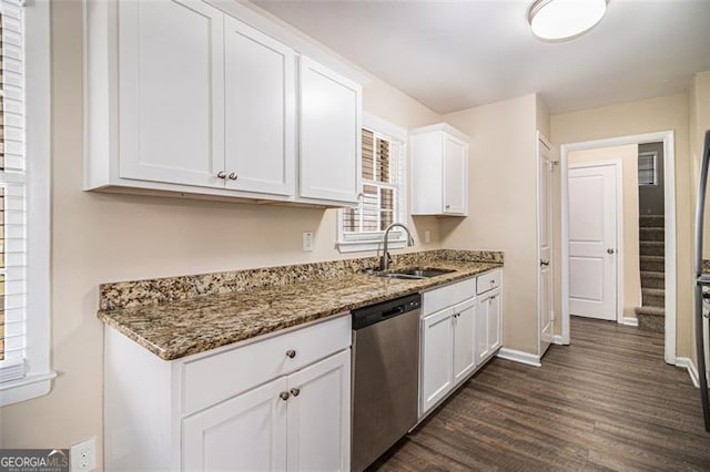 kitchen featuring dishwasher, dark hardwood / wood-style floors, white cabinetry, and stone counters