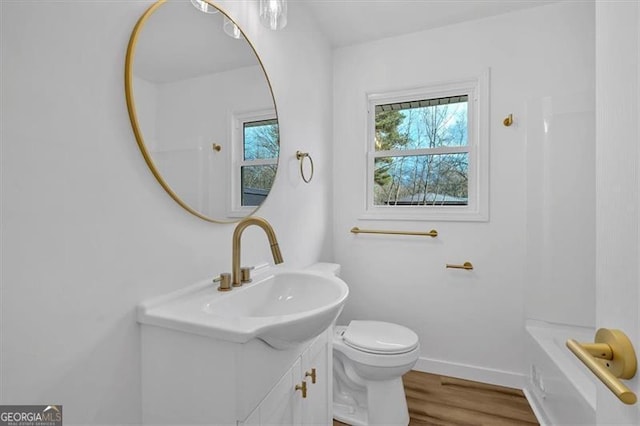 bathroom featuring toilet, wood-type flooring, and vanity