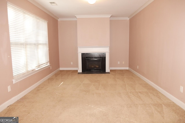 unfurnished living room featuring light carpet and crown molding