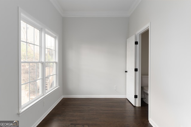 empty room featuring a wealth of natural light, crown molding, and dark hardwood / wood-style floors