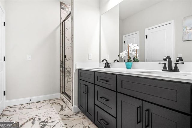 bathroom featuring walk in shower and vanity