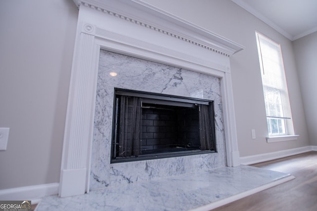 interior details featuring a fireplace, wood-type flooring, and crown molding