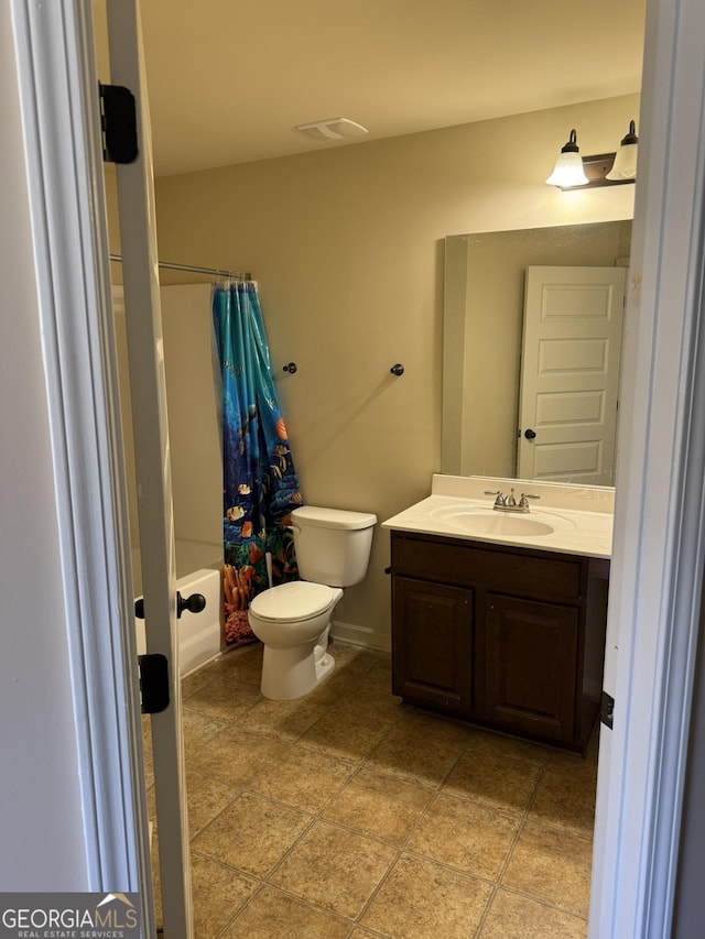 full bathroom with vanity, toilet, and shower / bathtub combination with curtain