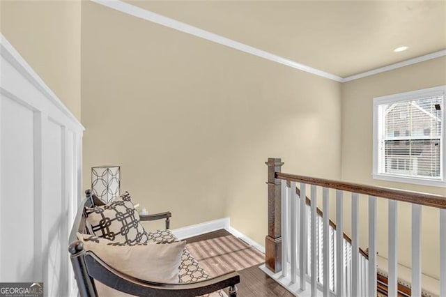 hallway with recessed lighting, an upstairs landing, baseboards, ornamental molding, and dark wood-style floors