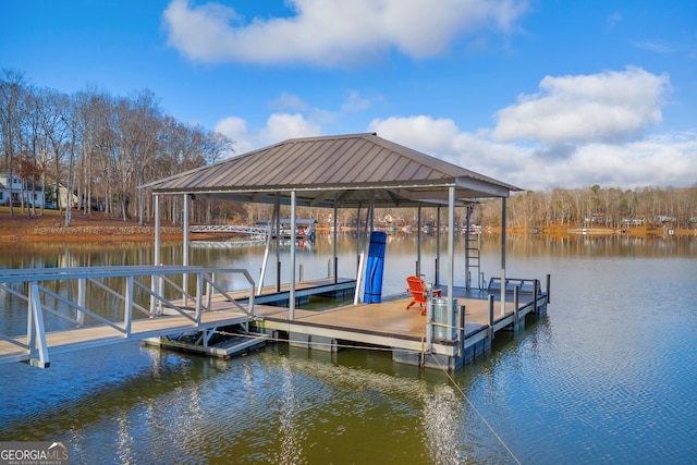 view of dock with a water view