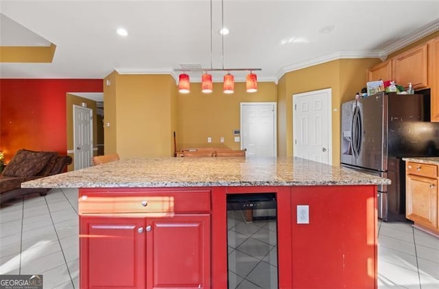 kitchen with wine cooler, fridge with ice dispenser, a center island, and crown molding