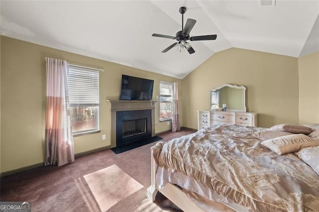 bedroom with light colored carpet, vaulted ceiling, and ceiling fan