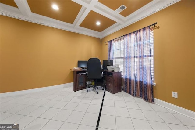 office space featuring beam ceiling, light tile patterned floors, crown molding, and coffered ceiling