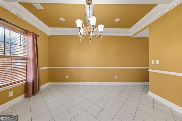 unfurnished room featuring a chandelier, crown molding, light tile patterned floors, and a healthy amount of sunlight