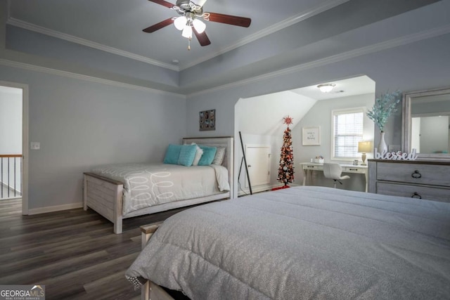 bedroom with ceiling fan, crown molding, and dark hardwood / wood-style floors