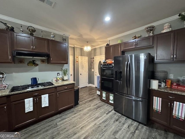 kitchen featuring black gas cooktop, light hardwood / wood-style flooring, stainless steel fridge with ice dispenser, ornamental molding, and dark brown cabinetry