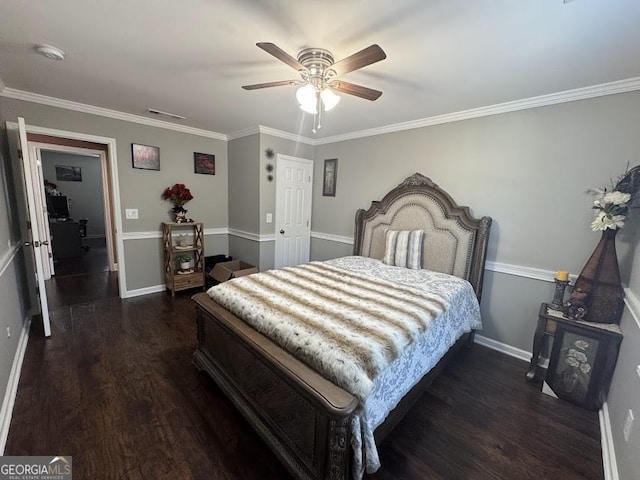 bedroom with dark hardwood / wood-style flooring, ceiling fan, and crown molding