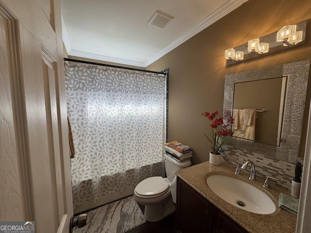 bathroom with toilet, crown molding, vanity, visible vents, and shower / bathtub combination with curtain