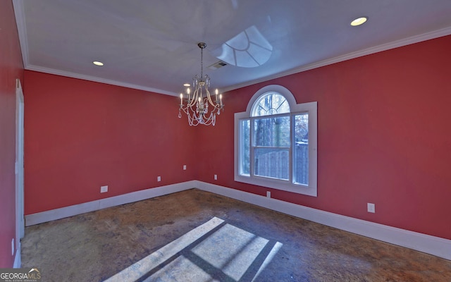 spare room with carpet, an inviting chandelier, and crown molding