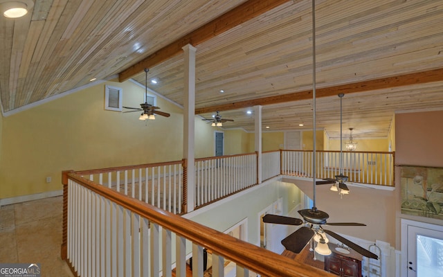 corridor featuring vaulted ceiling with beams and wood ceiling