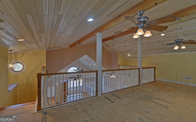 interior space with wooden ceiling and ceiling fan with notable chandelier