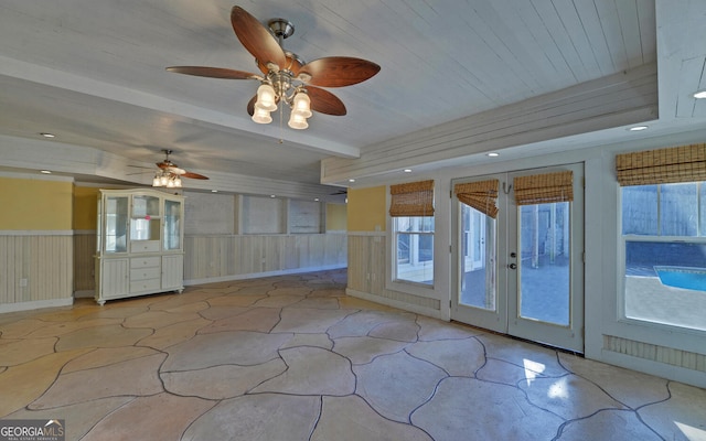 spare room with french doors and wood ceiling