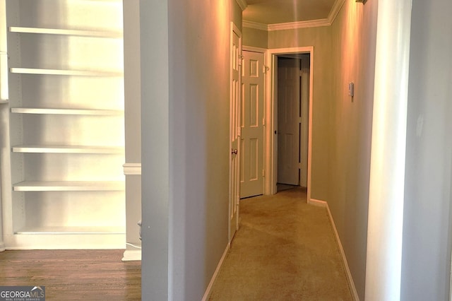 hallway featuring built in features and crown molding