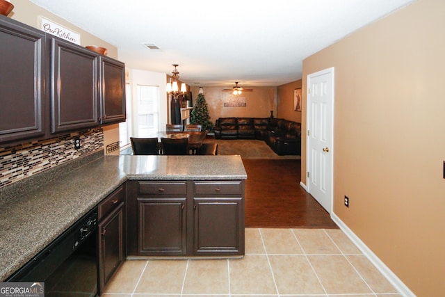 kitchen with kitchen peninsula, dark brown cabinetry, light tile patterned floors, and black dishwasher