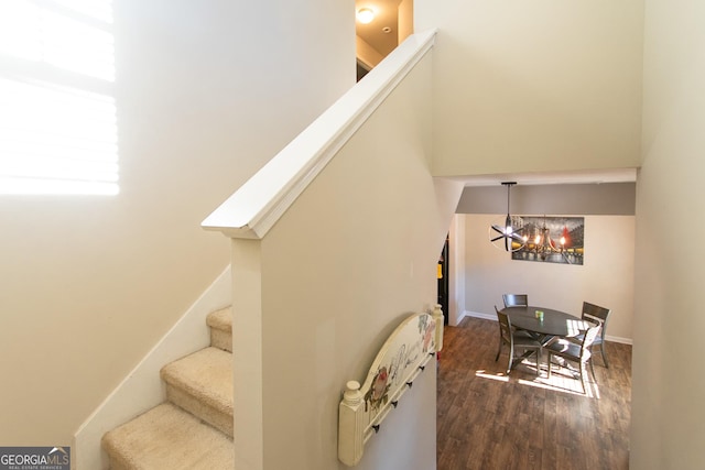 staircase with hardwood / wood-style flooring and a chandelier