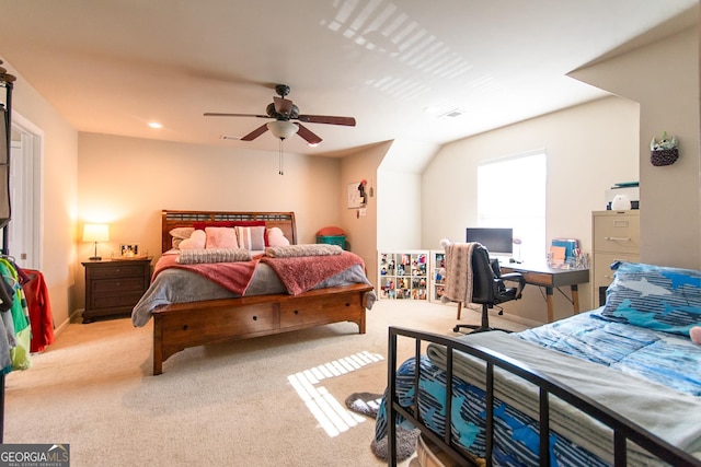 bedroom featuring ceiling fan and light colored carpet