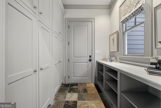 mudroom featuring ornamental molding