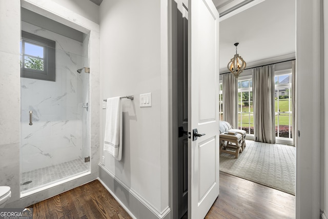 bathroom with hardwood / wood-style flooring, toilet, and a shower with door