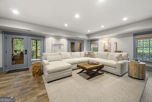 living room featuring hardwood / wood-style floors, plenty of natural light, and french doors