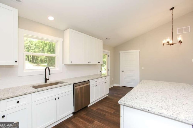 kitchen featuring sink, stainless steel dishwasher, pendant lighting, lofted ceiling, and white cabinets