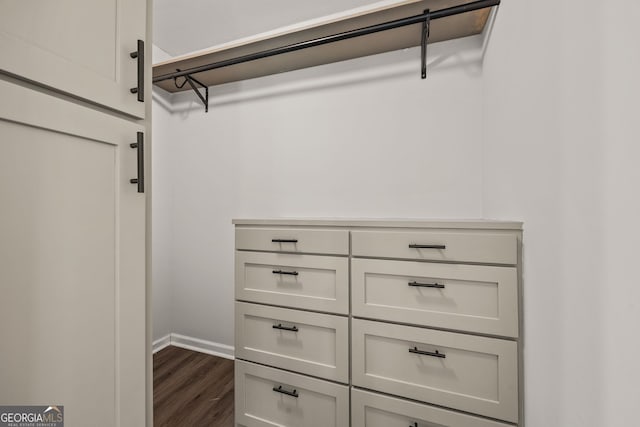 walk in closet with dark wood-style flooring