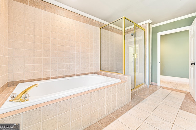 bathroom featuring shower with separate bathtub, tile patterned floors, and crown molding