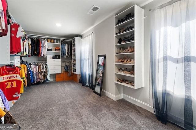 walk in closet featuring carpet flooring