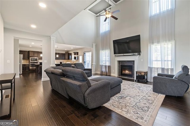 living room featuring dark hardwood / wood-style flooring, plenty of natural light, and a high ceiling