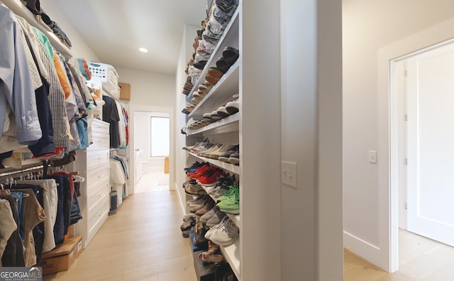 spacious closet with light hardwood / wood-style flooring