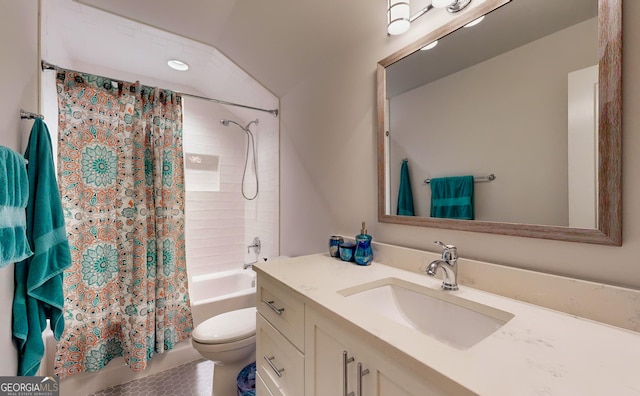 full bathroom featuring vanity, lofted ceiling, tile patterned floors, toilet, and shower / tub combo