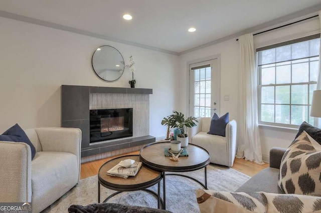 living room with light hardwood / wood-style flooring and ornamental molding