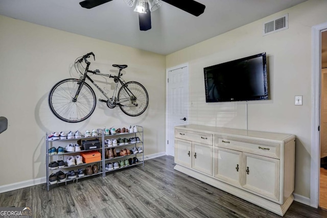 living room with ceiling fan and wood-type flooring