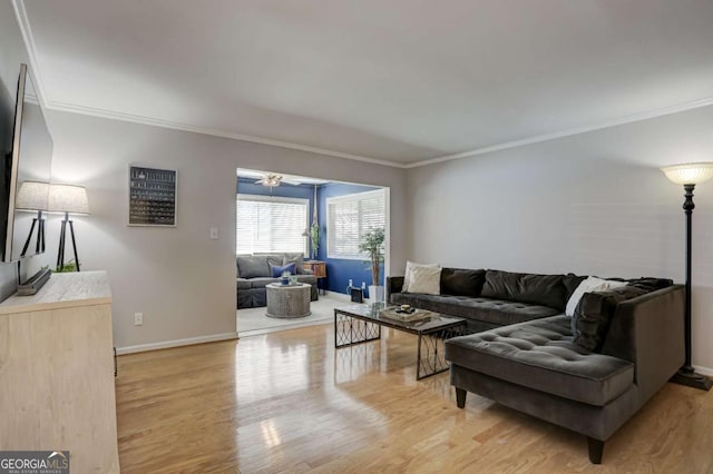 living room with crown molding, ceiling fan, and light wood-type flooring