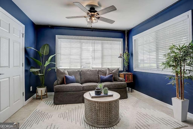 living room with ceiling fan