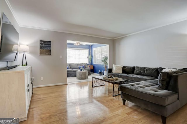 living room with light wood-type flooring and ornamental molding