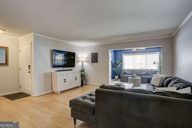 living room featuring light hardwood / wood-style floors and ornamental molding