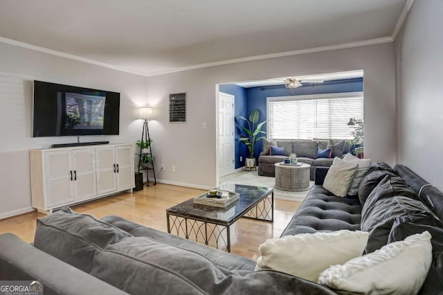 living room featuring crown molding, ceiling fan, and light hardwood / wood-style floors