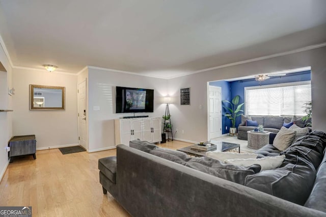 living room featuring light wood-type flooring and ornamental molding