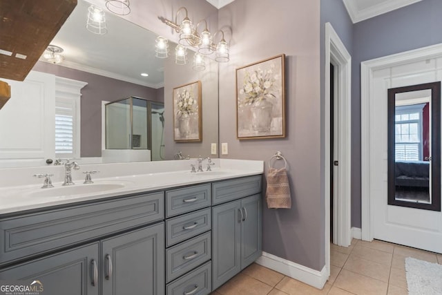 bathroom with vanity, tile patterned floors, an enclosed shower, and ornamental molding