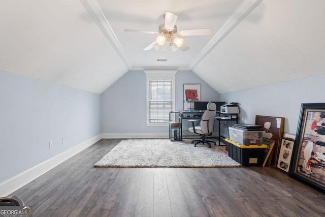 office area with ceiling fan, dark hardwood / wood-style flooring, lofted ceiling, and crown molding